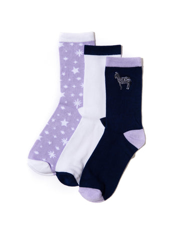 Lilac Zebra, Star & Plain Socks, Pack of 3